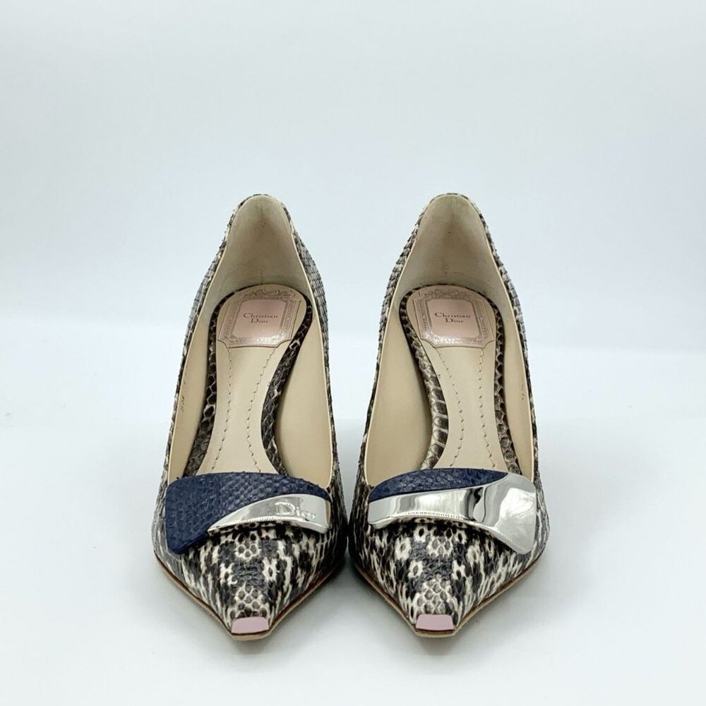 Christian Dior Snake Print Pointed Toe Pumps With Silver & Navy Bow Detail Size